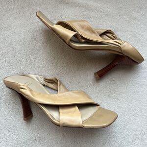 Stuart Weitzman Camel Brown Leather Slide Heeled Sandals Women 5.5 M Crossover